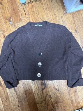 Cropped Brown V-Neck Button Cardigan Sweater